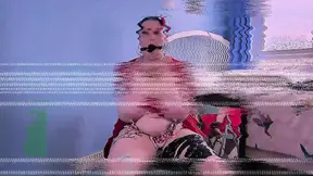 Curvy solo girl in red dress squirms with nipple clamps