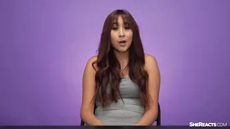 She reacts to his huge cock while jerking off and ranking his big dick