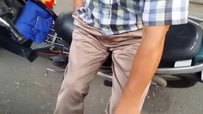 Shiny satin khaki pants trousers caught in public