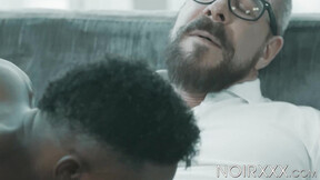 ”Curly Liam Cybers rock hard ebony abdomen gets pigmented by my oozing white cum”