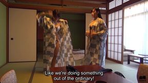 Deceptively busty JAV office lady and lesbian friend go on vacation
