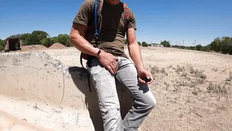 Guy uses vibrating wand in condom for public bulge and cum in jeans