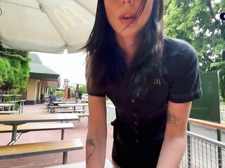 Risky public sex in the throne-room. Screwed a McDonald's worker 'cuz of spilled soda! - Eva Soda