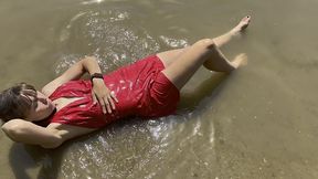 wetlook red dress that  floats  on water