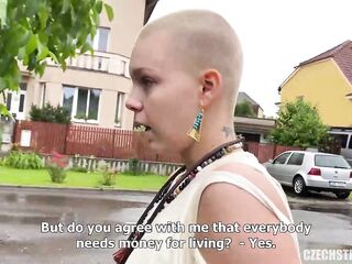 Hairless hottie is sucking a random, hard knob for money and getting drilled from the back