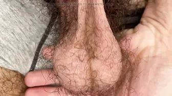 Hairy mature man plays with his big cock and balls in slow motion