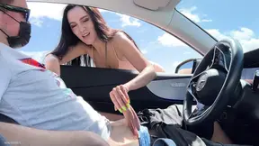 Sexy stranger with big natural tits sucks hard cock in parking lot