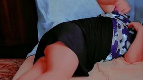 Cute sissy brushing long pastel-colored wig gently