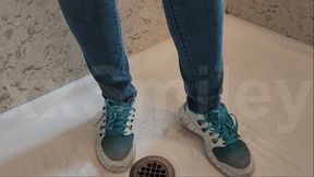 Nikes and Jeans in the shower