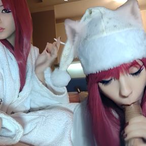 Smoking Egirl giving stepdad handjob and blowjob in bathrobe (ask me for full vid)