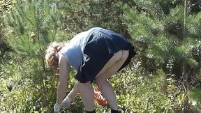 Blonde MILF goes commando in public forest