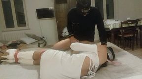 Bound and hooded with pantyhose and heels, i have my mouth fucked for 20 minutes with oral creampie