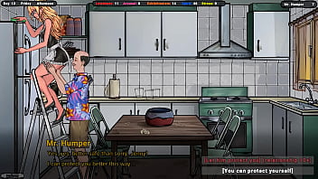 The landlord looks up Jenny'_s skirt as she dusts the refrigerator.