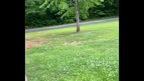 Fucking a dildo attached to trailer hitch outdoors for Hubby