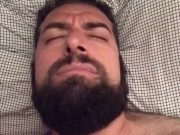 Big hairy bearded bear woke up very horny and wanking in bed. Beautiful agony. Orgasm face