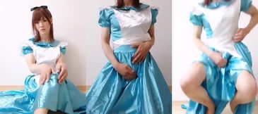 Japanese Crossdresser MARY ruined in Satin Alice Maid Dress