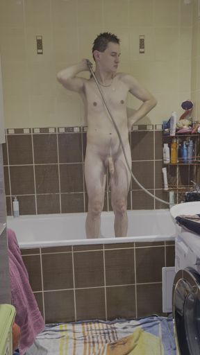 Amateur boy showering