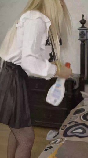 Cleaning Lady in the Hotel Overlooks the Guest While Jerking off