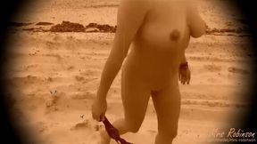 Flirty 1920s goddess strips off bikini on the beach