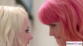 Busty lesbian mom toys young housekeeper's genitals