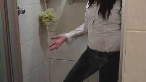 White button down blouse and jeans soaking wet
