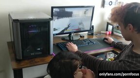 Lustful sexy girl sucking boyfriends prick while he is playing a game