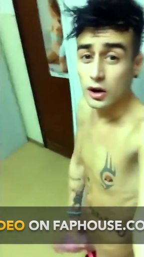Tattooed Twink Jerks off with Masturbator at Locker Room