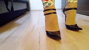 Crossdresser Walks in Sexy Black Leather Pointed Toe Charlotte Luxury High Heels Pumps