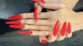 Bright red long nails, long fingers and hand fetish