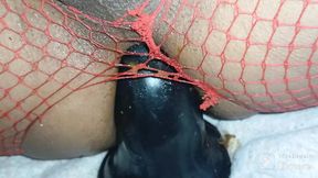 so hot in red fishnets