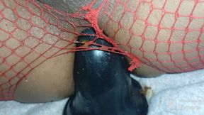 so hot in red fishnets