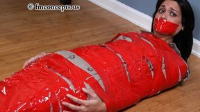 Trench Coated Detective Charlie Royce Lays On The Hardwood Floor Wrapped And Gagged With Cautionary Red Tape!
