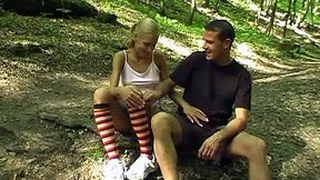 Slim bitchie blondie Pauline rides a dick right in the woods to reach orgasm