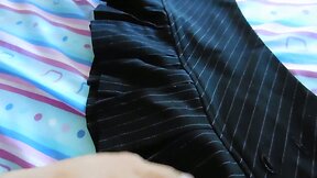 Humping black pinstripe mini skirt to a mega cumshot climax