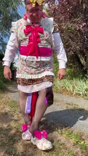 In gardener's clothes with a little leopard dress soaked with pee