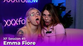 Top-heavy babe Emma Fiore & Dani Ortiz show off huge dildo during steamy lesbian kiss and interview