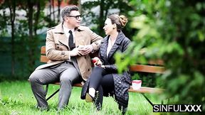 Busty MILF Karina King gives Denis Marti a wet blowjob in the office