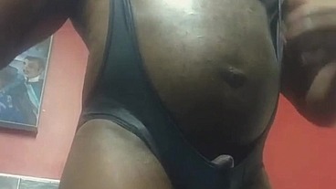 Black Bodybuilder Wet Look Singlet Big Cock Play & Cum