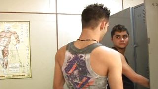 In the locker room two cute guys have incredible oral and anal sex with powerful and long lasting orgasm