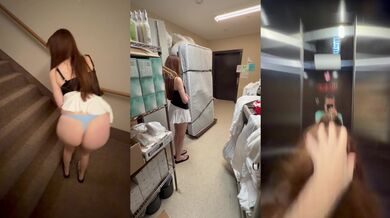 Sexy girlfriend gets fucked and sucks in hotel Elevator , housekeeping room and stairwell