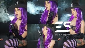 Smoking witch in satin gloves and a see through bra