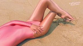 901 Shiny Gold Spandex Pantyhose and Leotard on the Beach