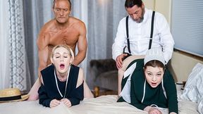 Stepdaughter Swap Gets Messy As Blonde Bombshells Creampie Their Horny Daddies
