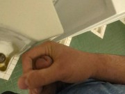 Risky Wank:  horny hung bear jerks in a public university restroom, leaves sticky cum
