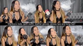 Marlboro Reds, goth outfit, leather gloves, glossy lips and long hair!