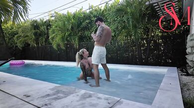 Horny housemate sucks cock by the pool sloppy blowjob