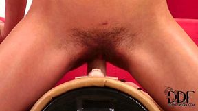 Hairy pussy of Russian titless slut rides a saddle with dildo attached