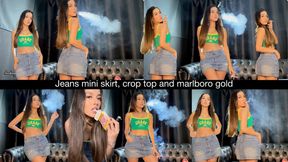 Jeans mini skirt, crop top and marlboro gold