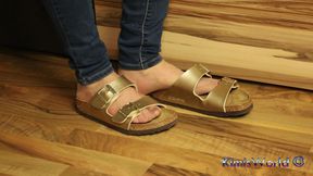 Jeans and Gold Two-strap Sandals - Nylon Feet Tease