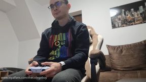 Horny nerd gets home from college and jerks off while playing the Playstation